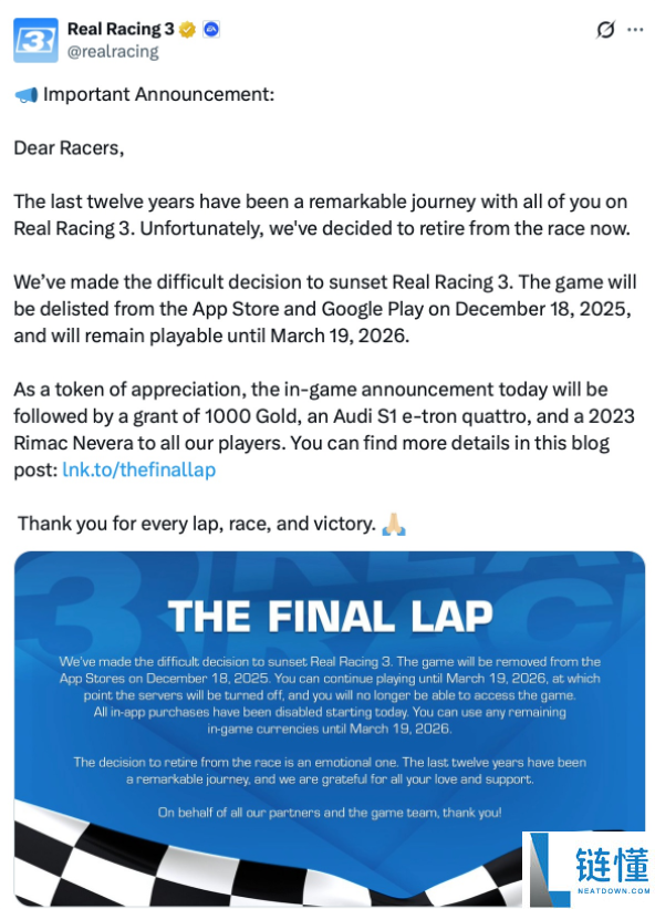 12年运营闭幕：EA手游《真实赛车3》来岁3月19日关服