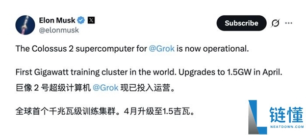 马斯克官宣Colossus 2上线 全球首个吉瓦级AI超算