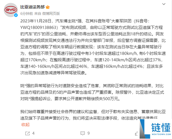 称豹5油耗百千米18升 汽车博主“姚某强”一审败诉:判赔比亚迪201万