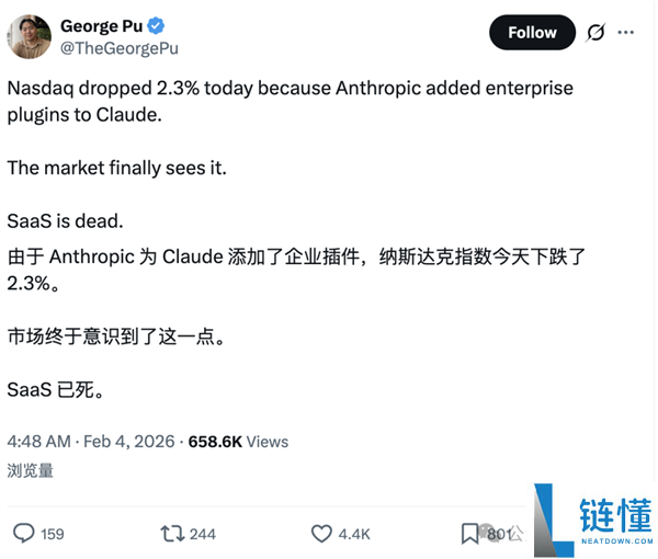 Claude一个插件吓哭华尔街 软件公司个人狂跌 2万亿元一日蒸发