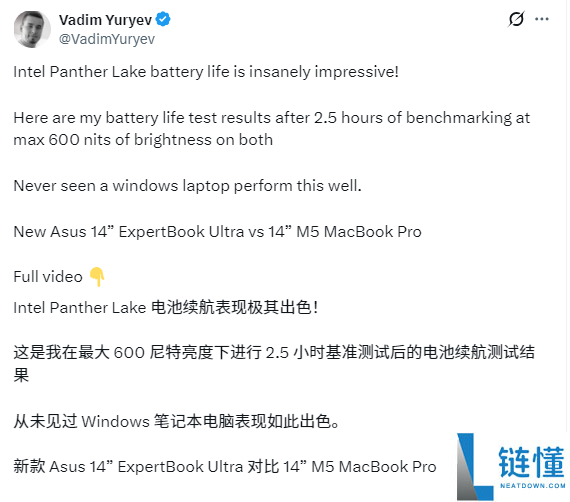 Intel Panther Lake续航飞跃,重度电池测试与苹果M5相称