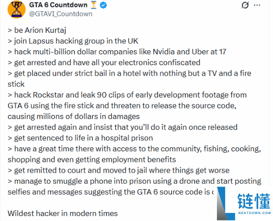 离谱,17岁黑客只用电视棒黑入《GTA6》 入狱还能玩手机