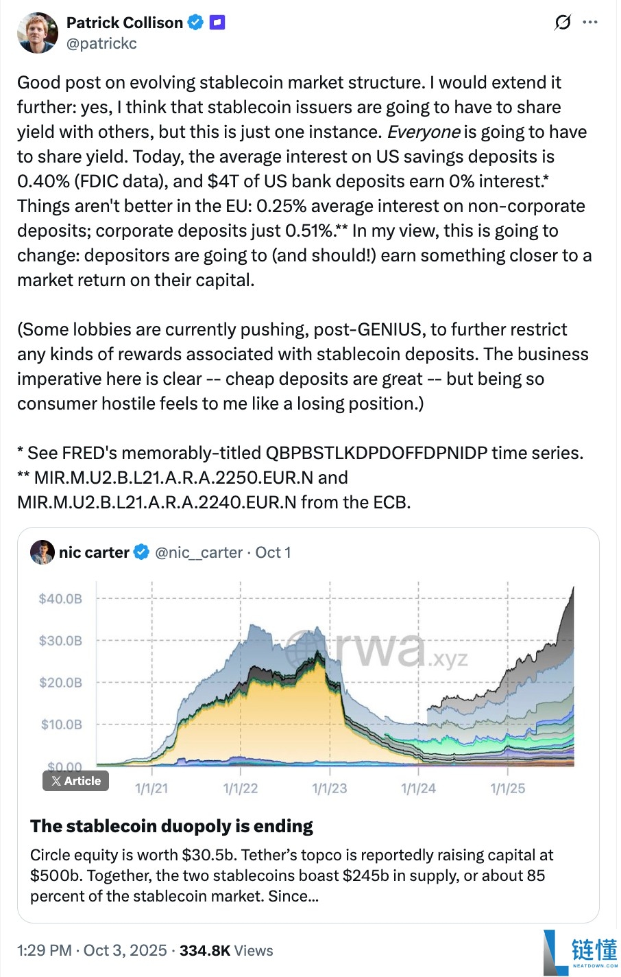 Stripe CEO（帕特里克·科里森）分析：稳定币将迫使“所有人”共享收益