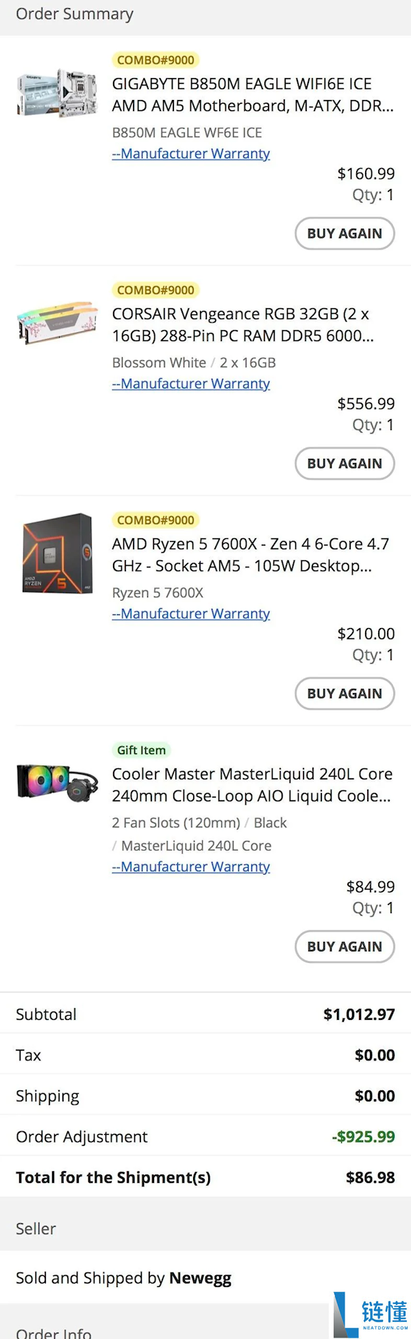 87美元捡漏1000美元套装,32GB DDR5配锐龙5 7600X 还有主板＋水冷