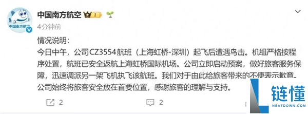 雷达罩疑零落,上海飞深圳航班遭鸟击告急出航 南航传递