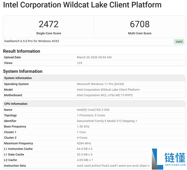 奇异5中心,Intel Wildcat Lake入门酷睿3 304初次跑分