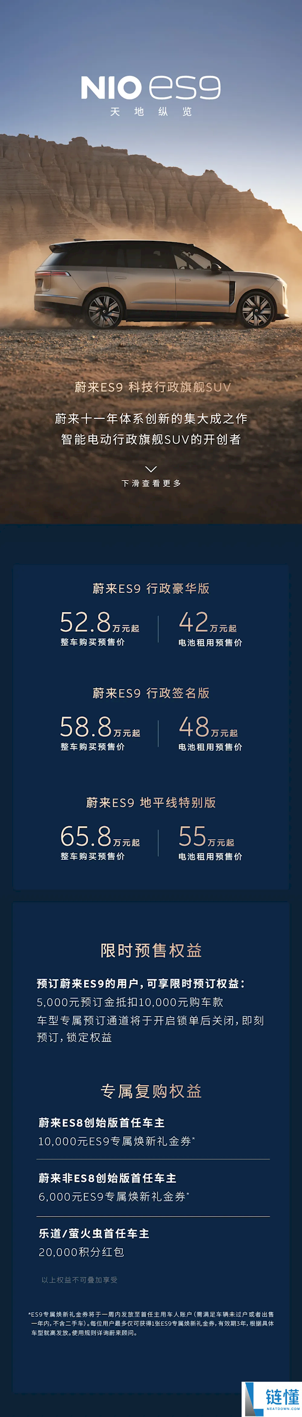 蔚来史上最强旗舰 SUV ES9 详解：租电 42 万起，一图看懂核心亮点