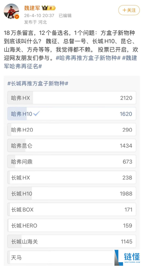长城 H10 定名揭晓！魏建军兑现网友命名权，热度力压哈弗大狗