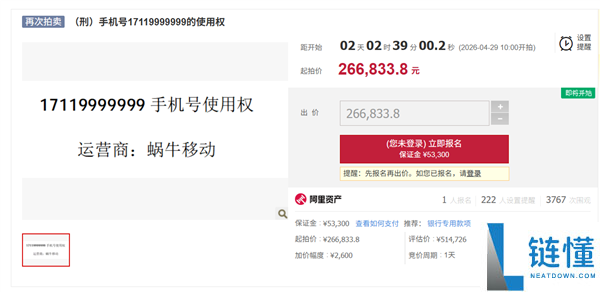 尾号 9999999 手机号 26 万再次拍卖！月租仅 9 元，此前 51 万起拍流拍