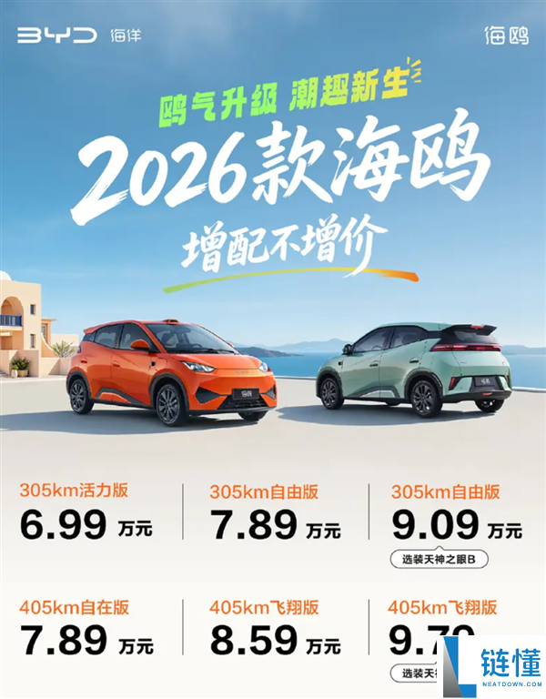 2026 款比亚迪海鸥上市：首款激光雷达 A00 级车，6.99 万元起