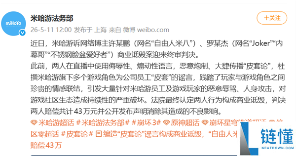 编造“皮套论”网暴米哈游员工：两人恶意带节奏被判赔 43 万
