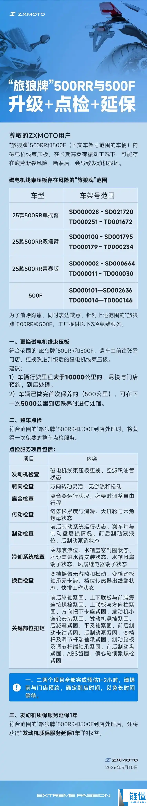 张雪机车公告：两款车型磁电机线束压板存断裂风险，提供免费升级点检及延保服务