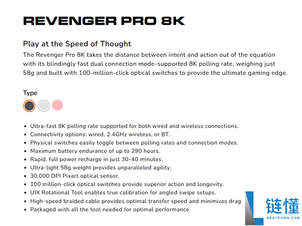 骨伽Revenger Pro 8K鼠标重仅58克：支持三模连接与8K回报率