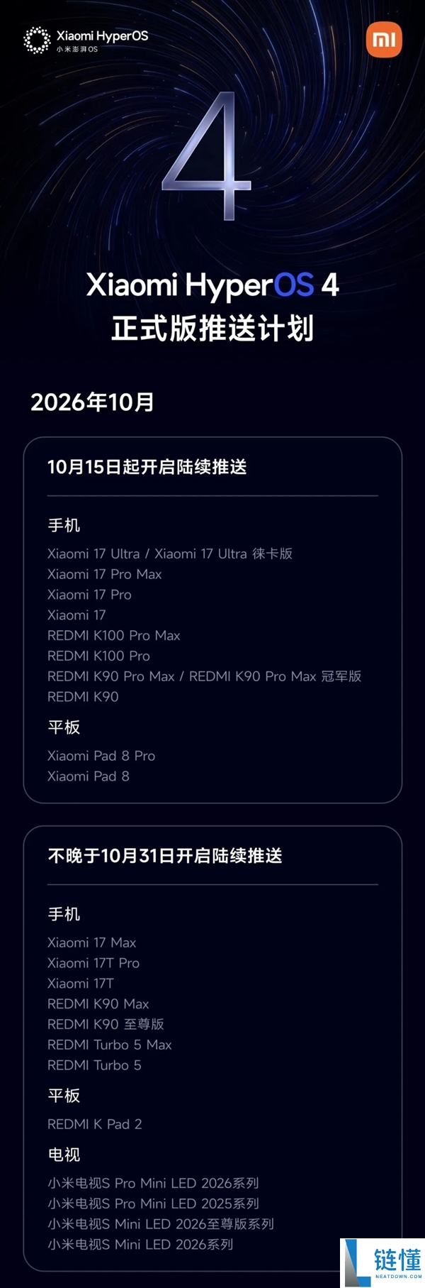 小米澎湃OS 4正式版推送计划:10月15日起首批覆盖小米17、K100 Pro/K90系列