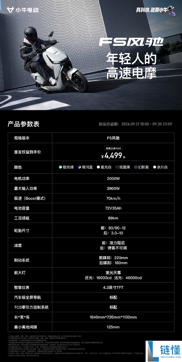 小牛FS电动摩托车上市:89公里续航与70km/h极速,售价4499元