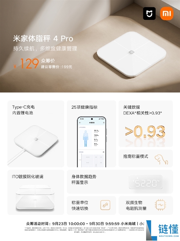 米家体脂秤4 Pro众筹129元:150天超长续航,无需更换电池!