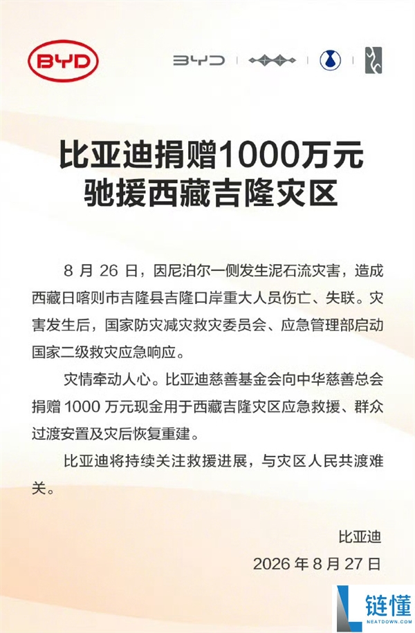 多家车企捐赠支持西藏吉隆灾区：小米基金会与比亚迪捐款1000万元