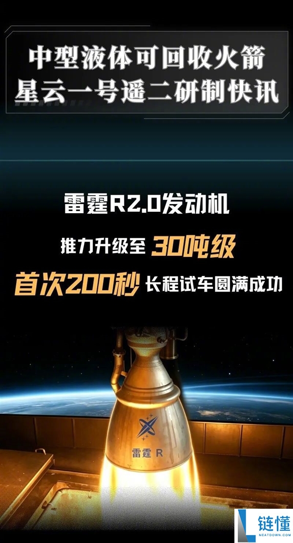 深蓝航天雷霆R2.0液体可回收火箭发动机考核成功：首试200秒推力达30吨级
