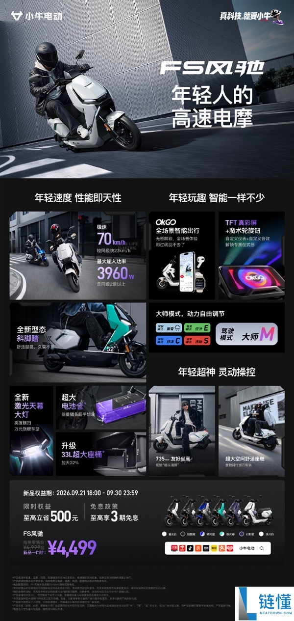 小牛FS电动摩托车上市：89公里续航与70km/h极速，售价4499元